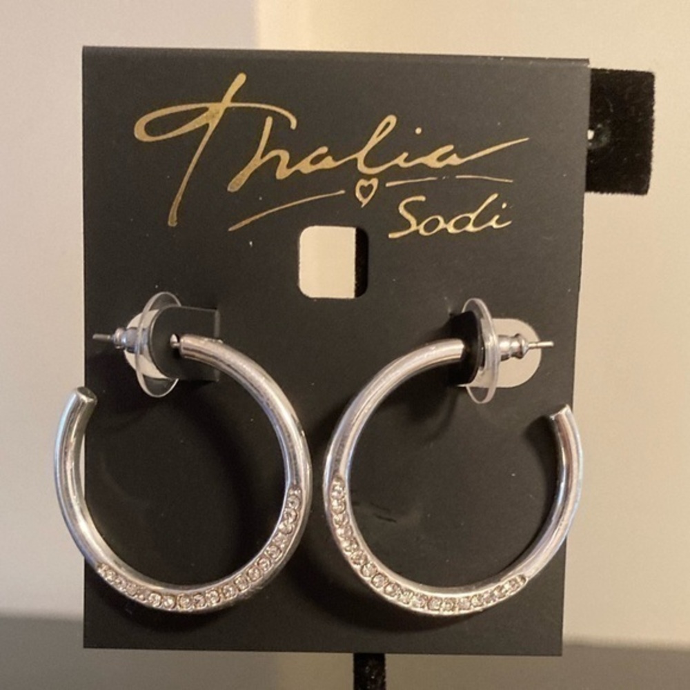 Thalia Sodi hoop earrings. Silver tone with rhinestone accents